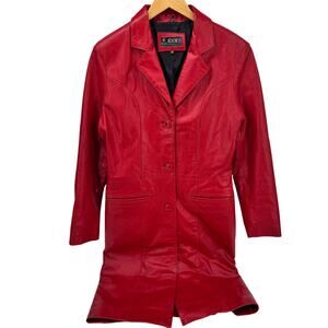 Vintage Leather Coat Womens Medium Red Midi Length Button Up Classic Kookie